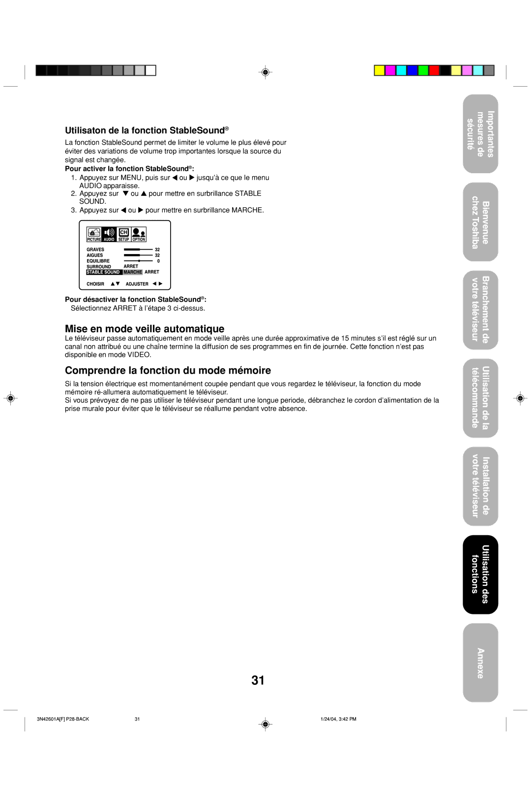 Toshiba 27A44 appendix Mise en mode veille automatique, Comprendre la fonction du mode mémoire 