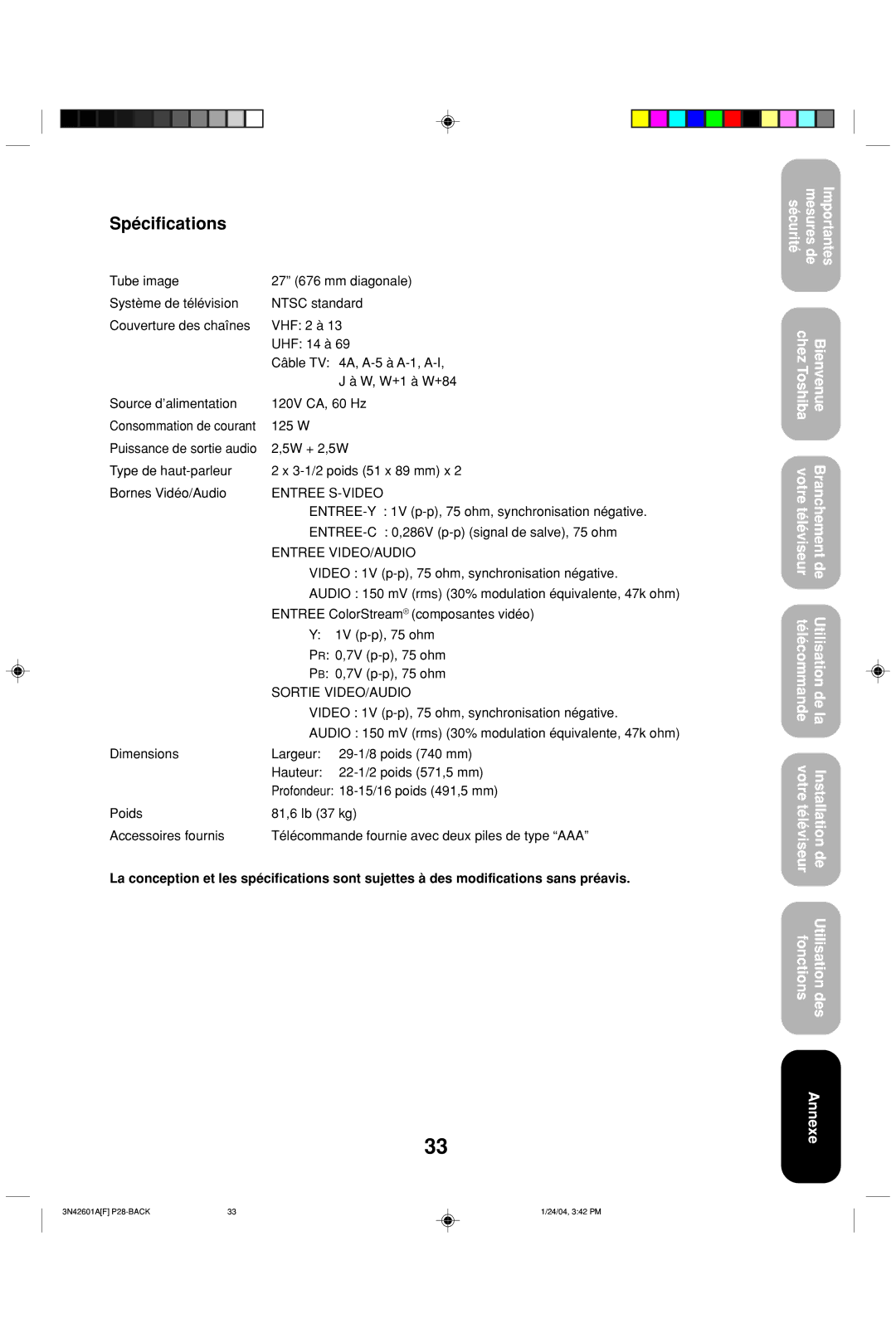 Toshiba 27A44 appendix Spécifications, Entree S-VIDEO 