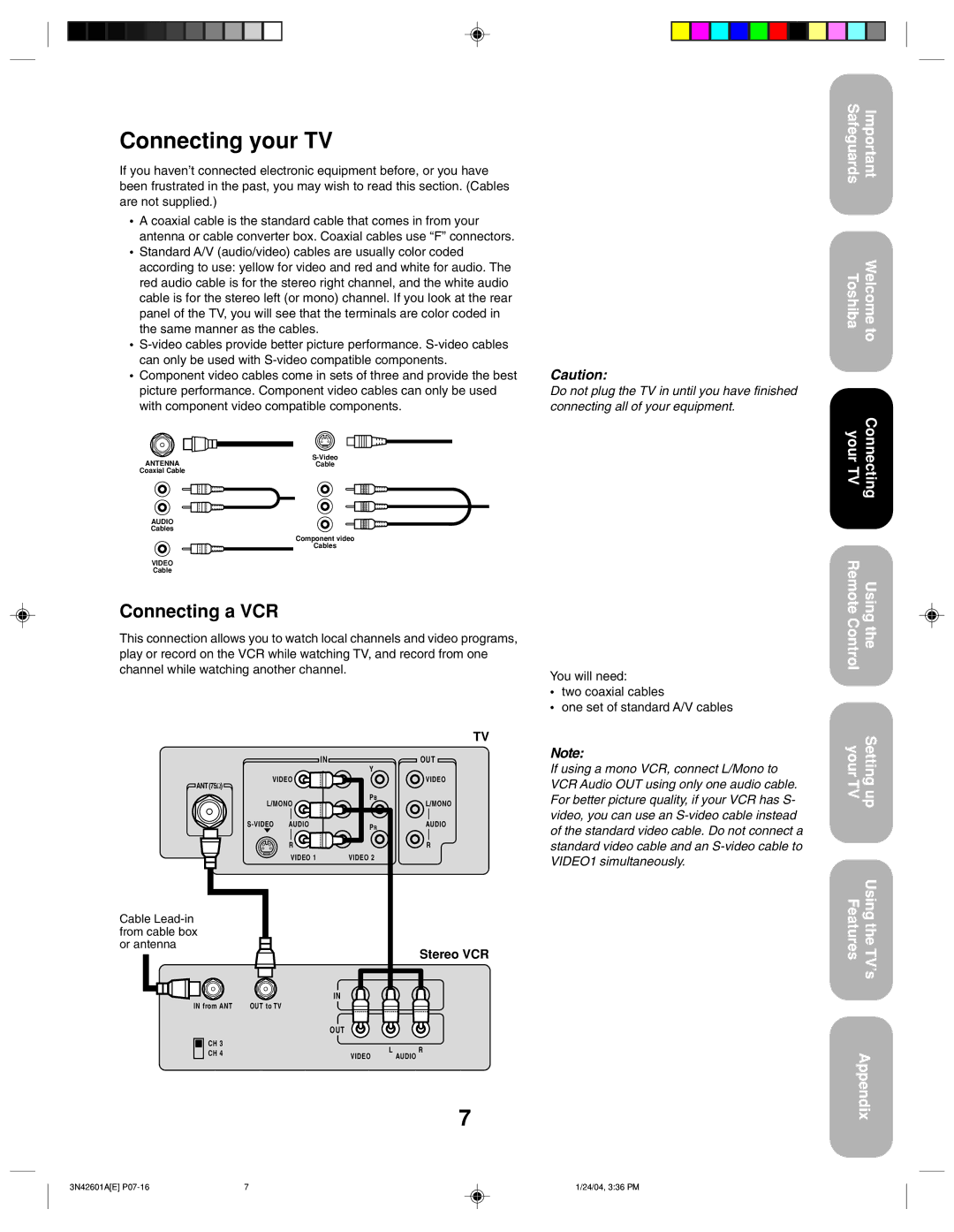 Toshiba 27A44 appendix Connecting your TV, Connecting a VCR, With component video compatible components, Stereo VCR 