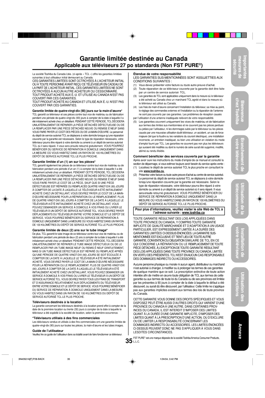 Toshiba 27A44 appendix Garantie limitée destinée au Canada, Applicable aux téléviseurs 27 po standards Non FST Pure 