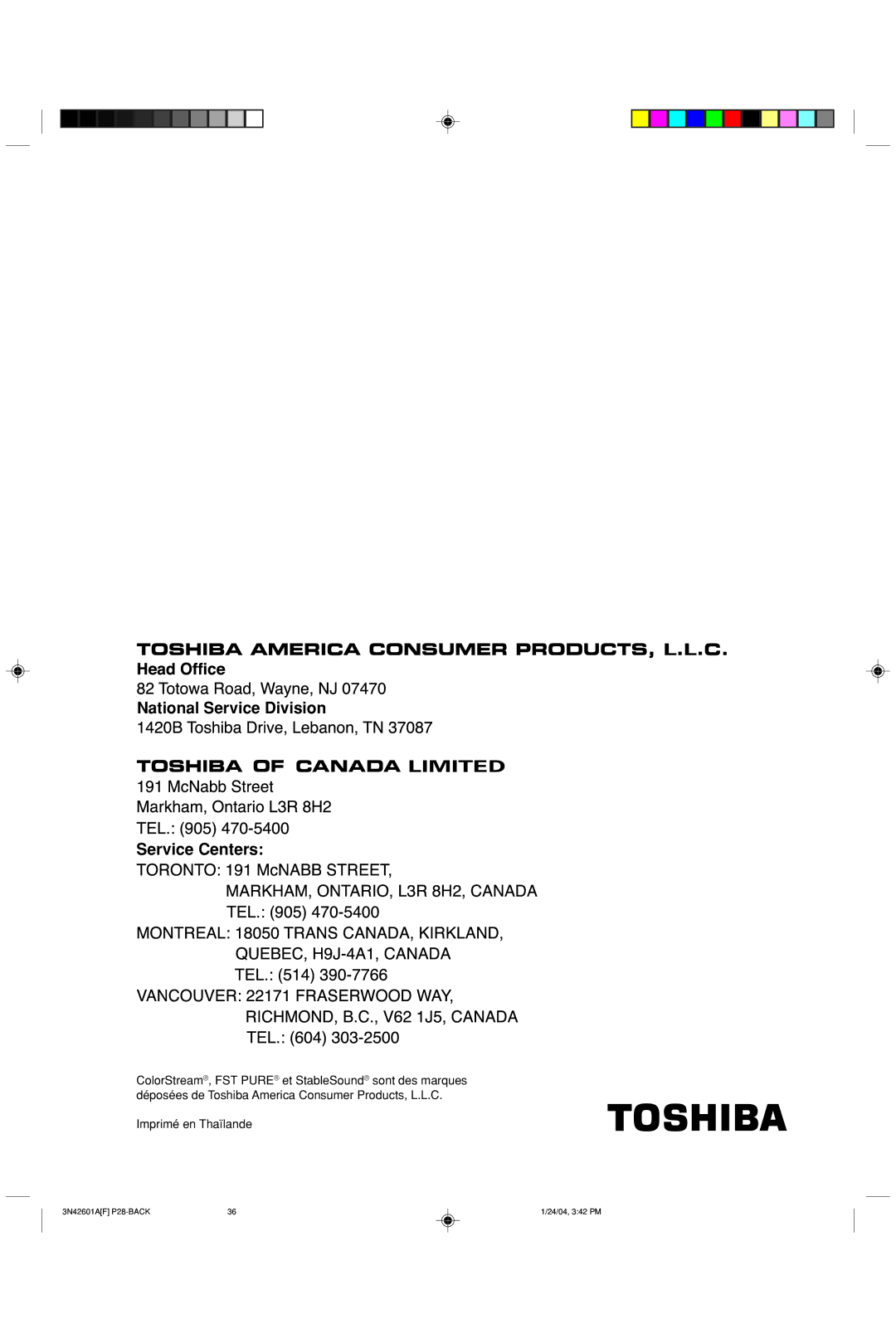 Toshiba 27A44 appendix Imprimé en Thaïlande 