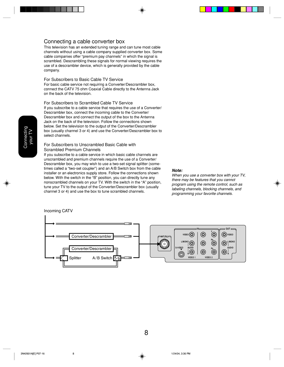 Toshiba 27A44 appendix Connecting a cable converter box, Converter/Descrambler Splitter Switch a B 