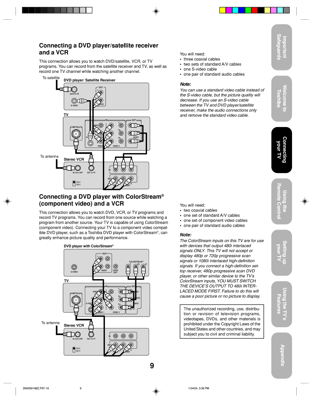 Toshiba 27A44 appendix Connecting a DVD player/satellite receiver and a VCR, To satellite DVD player/ Satellite Receiver 