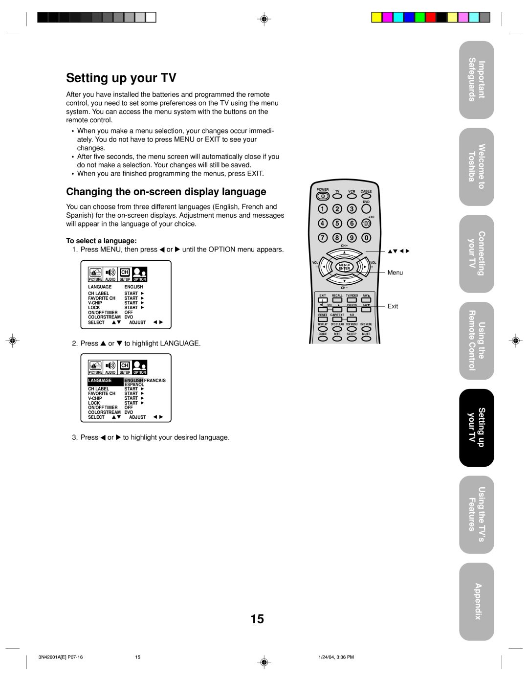 Toshiba 27A44 appendix Setting up your TV, Changing the on-screen display language, Appendix, To select a language 