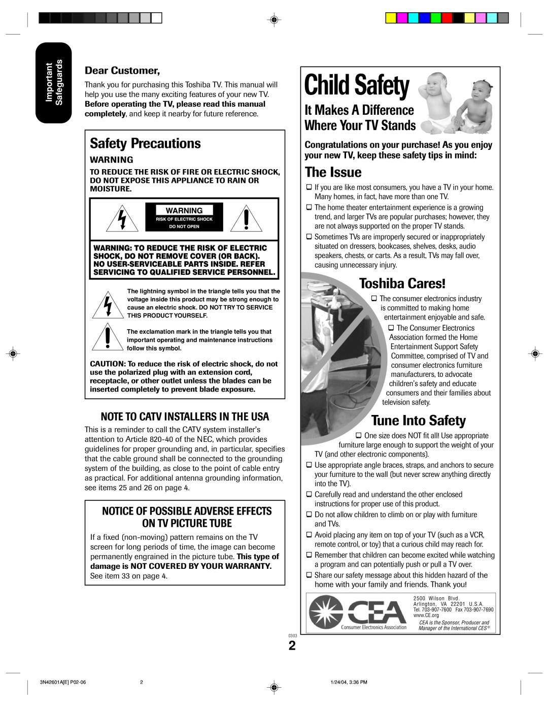 Toshiba 27A44 Child Safety, Safety Precautions, It Makes A Difference Where Your TV Stands, The Issue, Toshiba Cares 