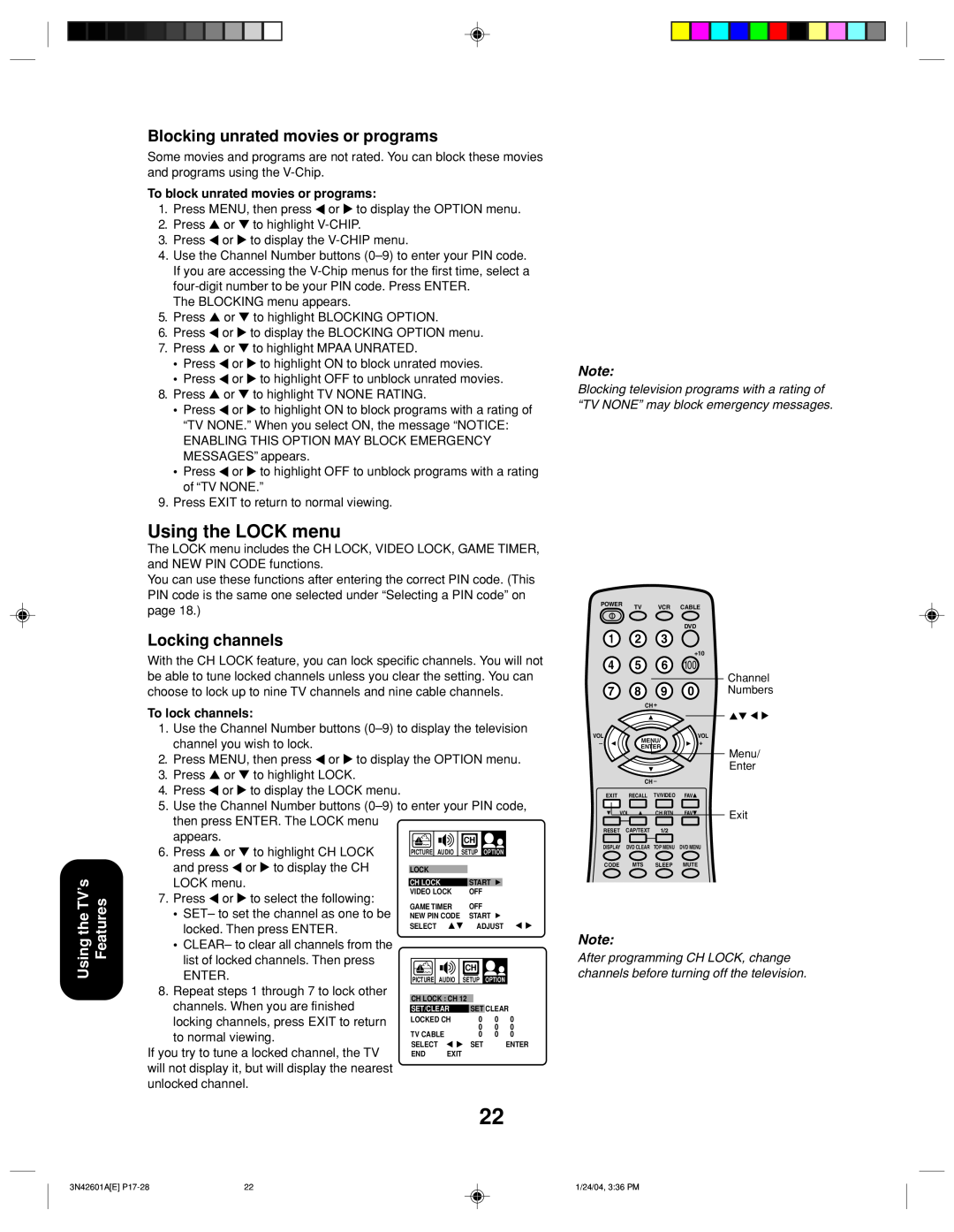 Toshiba 27A44 appendix Using the LOCK menu, Blocking unrated movies or programs, Locking channels, Using the TV’s Features 