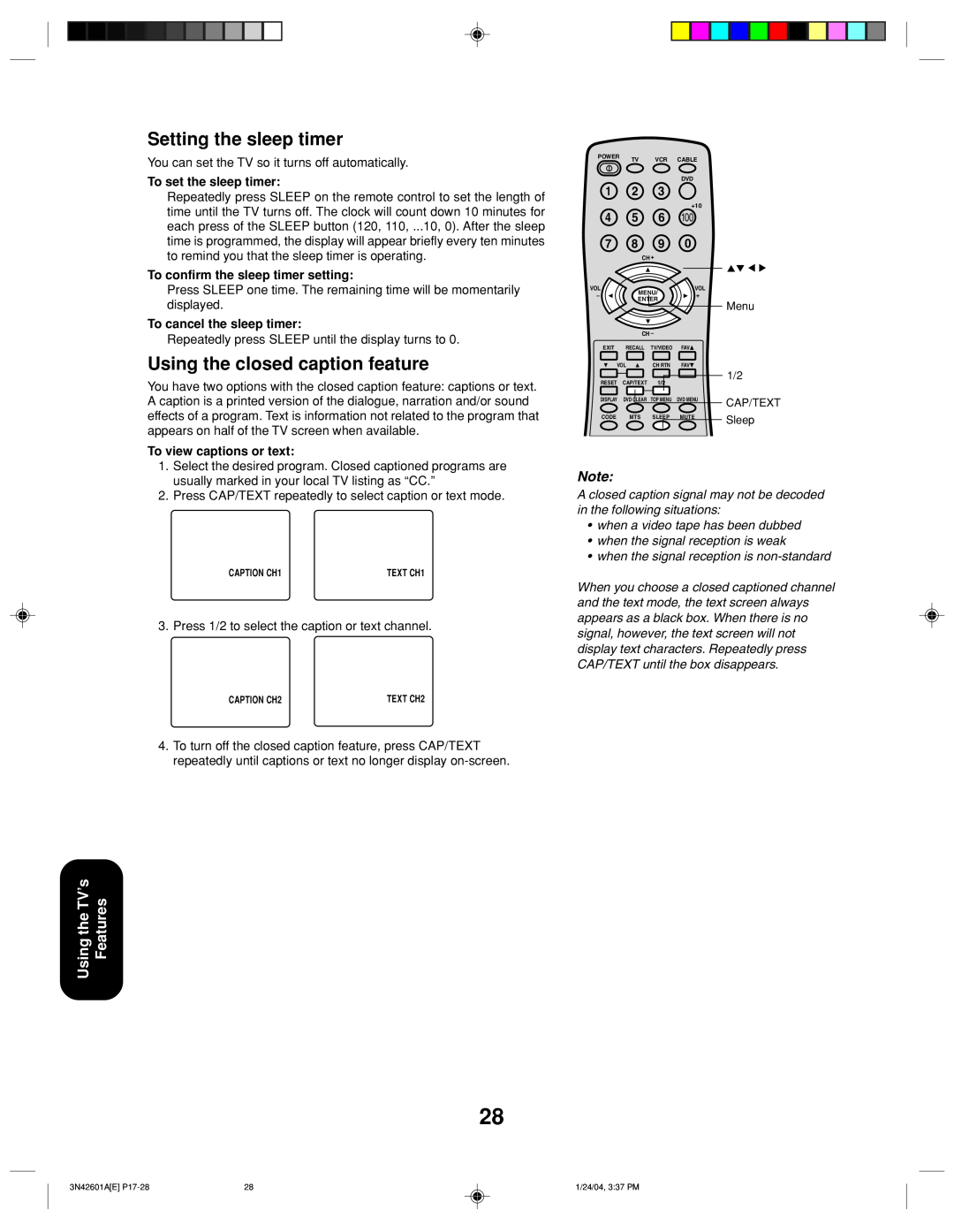 Toshiba 27A44 appendix Setting the sleep timer, Using the closed caption feature, Features, To set the sleep timer 
