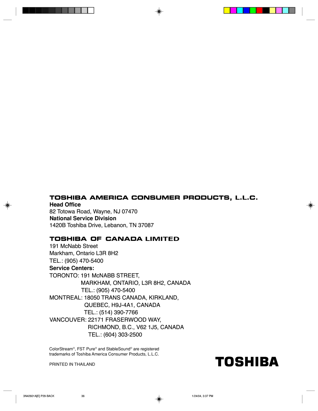 Toshiba 27A44 appendix TORONTONationalEL.905Service470-5400Division, RICHMOND,TEL.604303B.C-2500.,V621J5,CANADA 