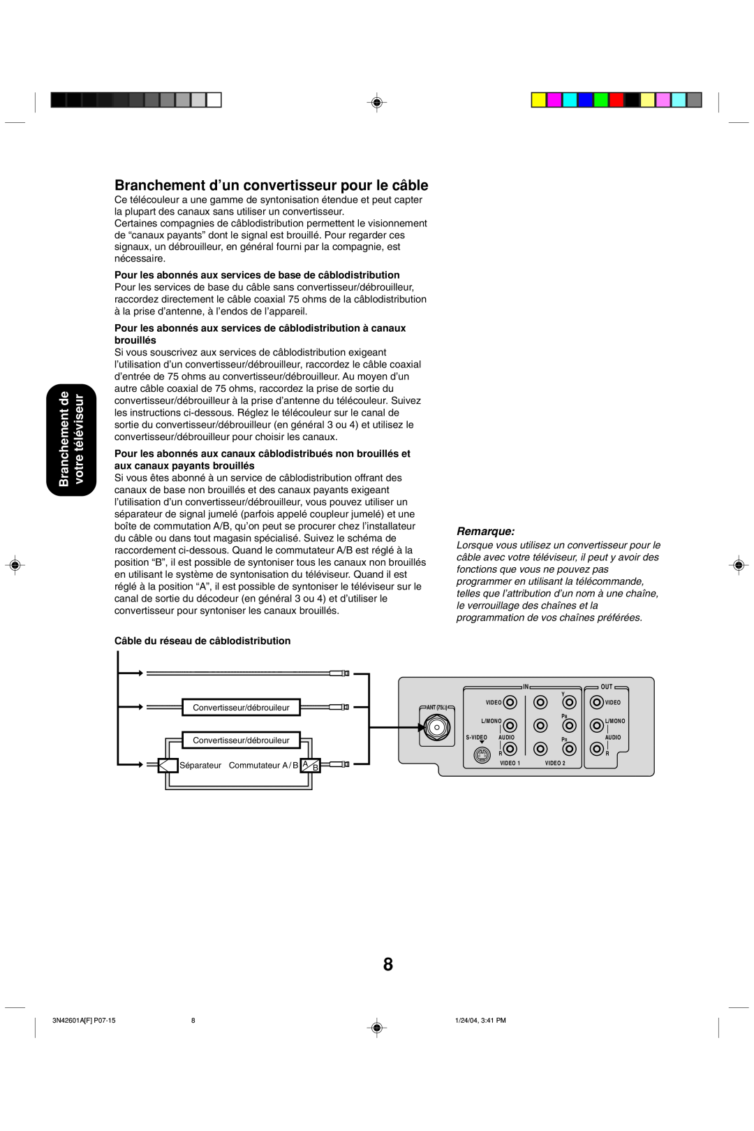 Toshiba 27A44 appendix Branchement d’un convertisseur pour le câble, Branchement de votre téléviseur, Remarque 