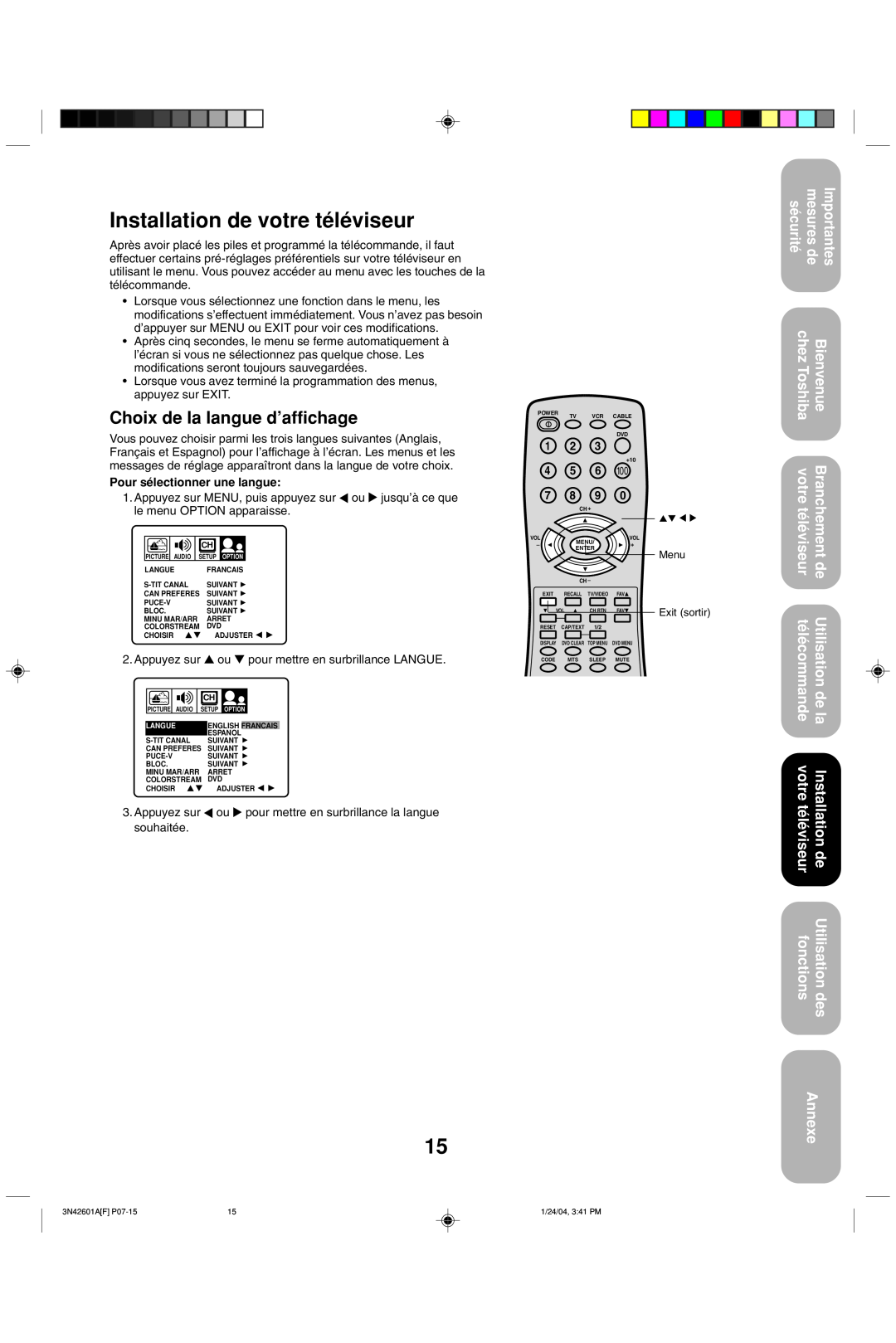 Toshiba 27A44 Installation de votre téléviseur, Choix de la langue d’affichage, Annexe, Pour sélectionner une langue 