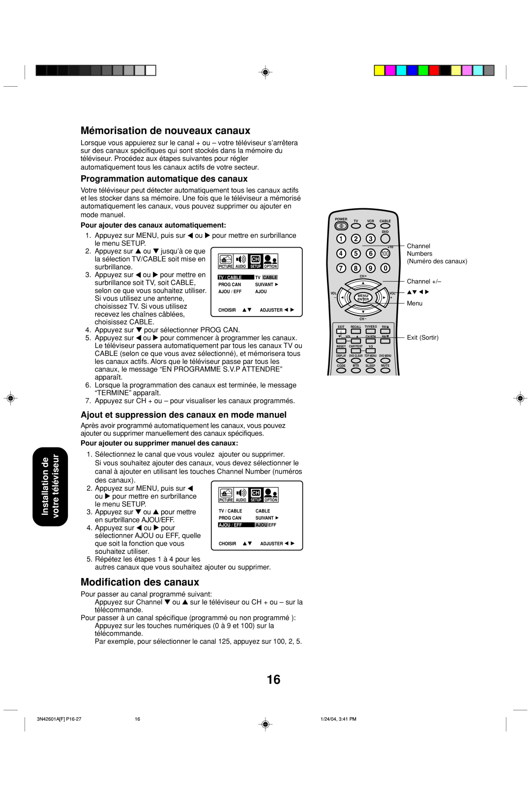 Toshiba 27A44 appendix Mémorisation de nouveaux canaux, Modification des canaux, Programmation automatique des canaux 