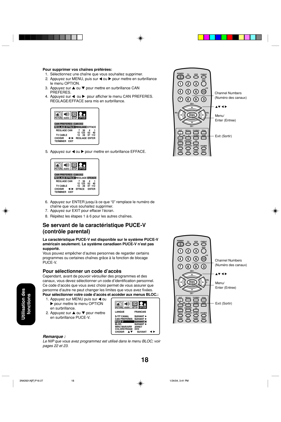 Toshiba 27A44 appendix Se servant de la caractéristique PUCE-V contrôle parental, Utilisation des fonctions, Remarque 