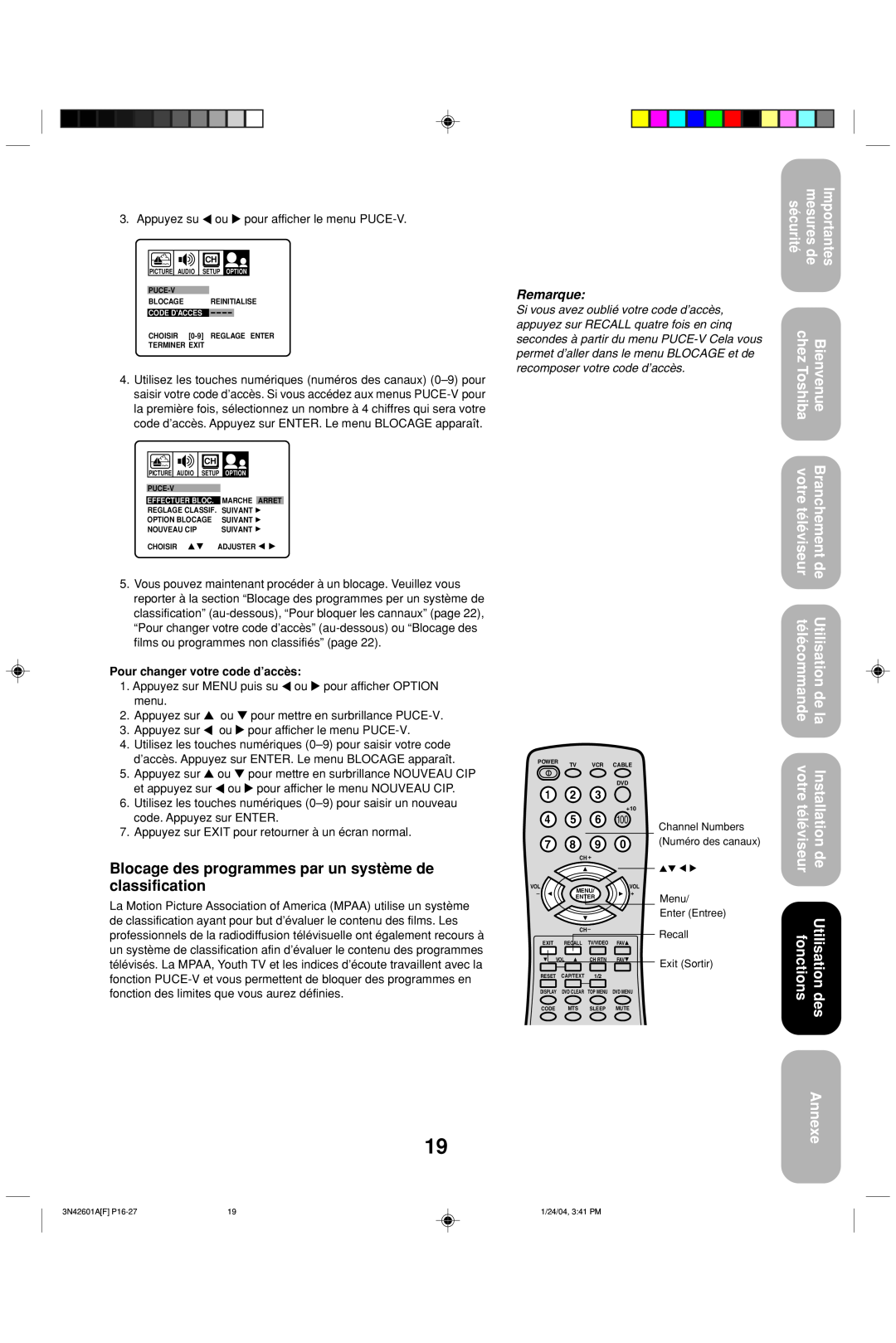 Toshiba 27A44 Blocage des programmes par un système de classification, Annexe, Remarque, Pour changer votre code d’accès 