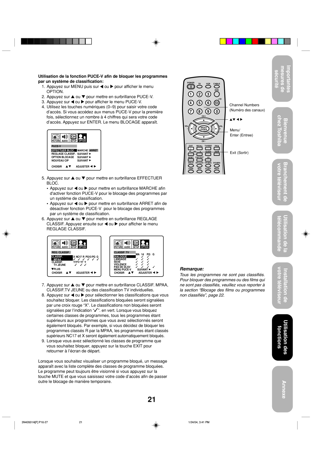 Toshiba 27A44 appendix Annexe, Remarque 