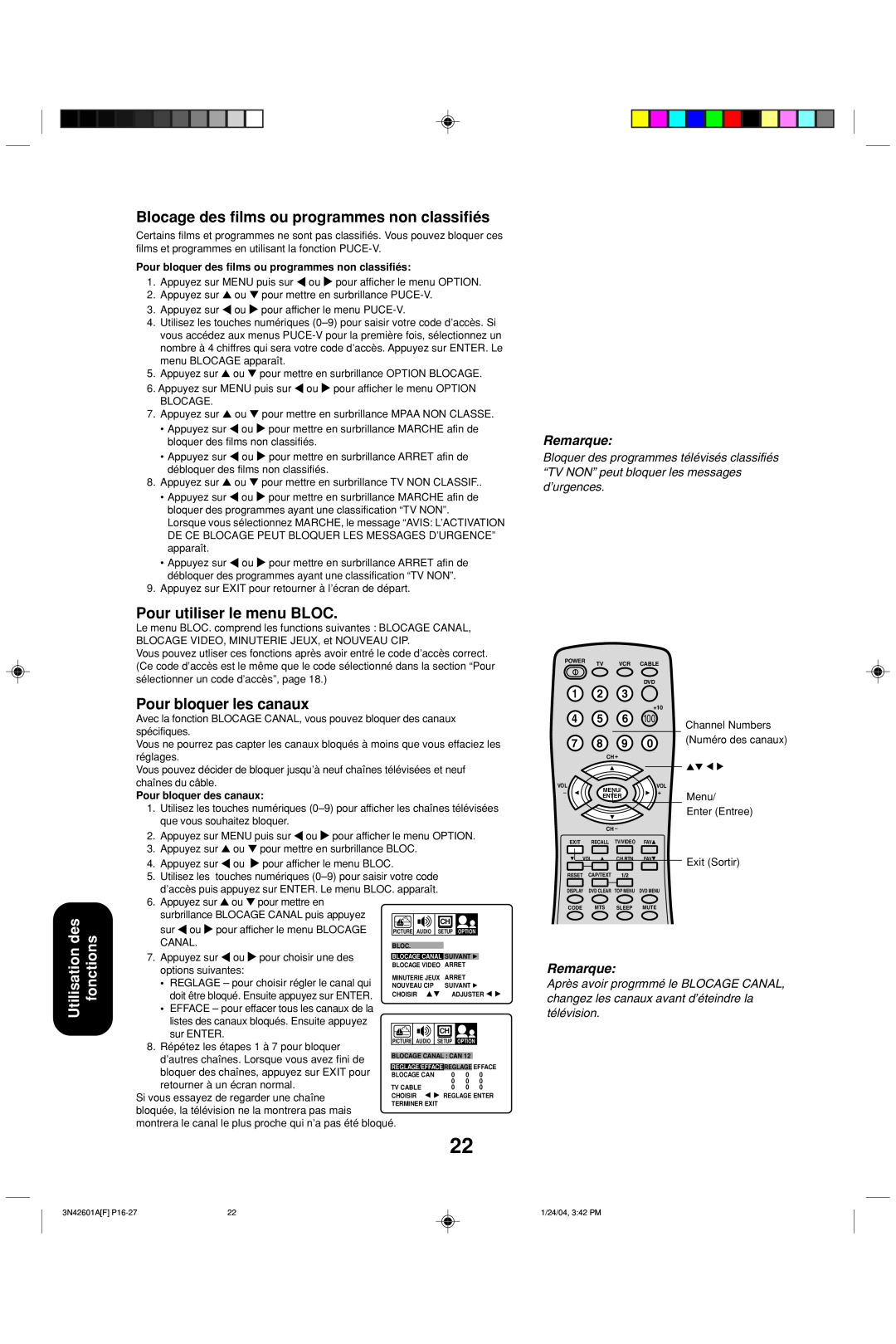 Toshiba 27A44 Utilisation des fonctions, Blocage des films ou programmes non classifiés, Pour utiliser le menu BLOC 