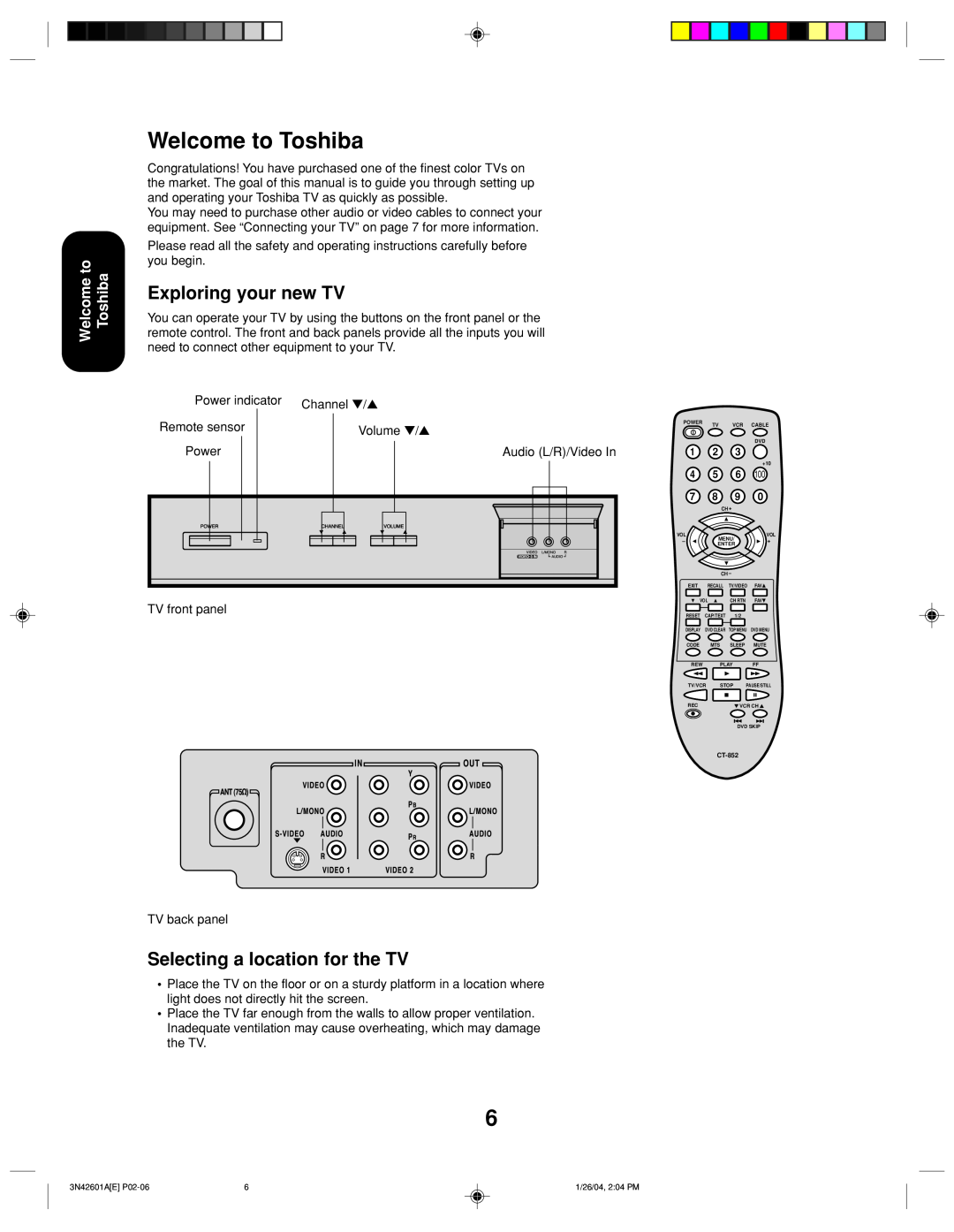 Toshiba 27A44 appendix Welcome to Toshiba, Exploring your new TV, Selecting a location for the TV 