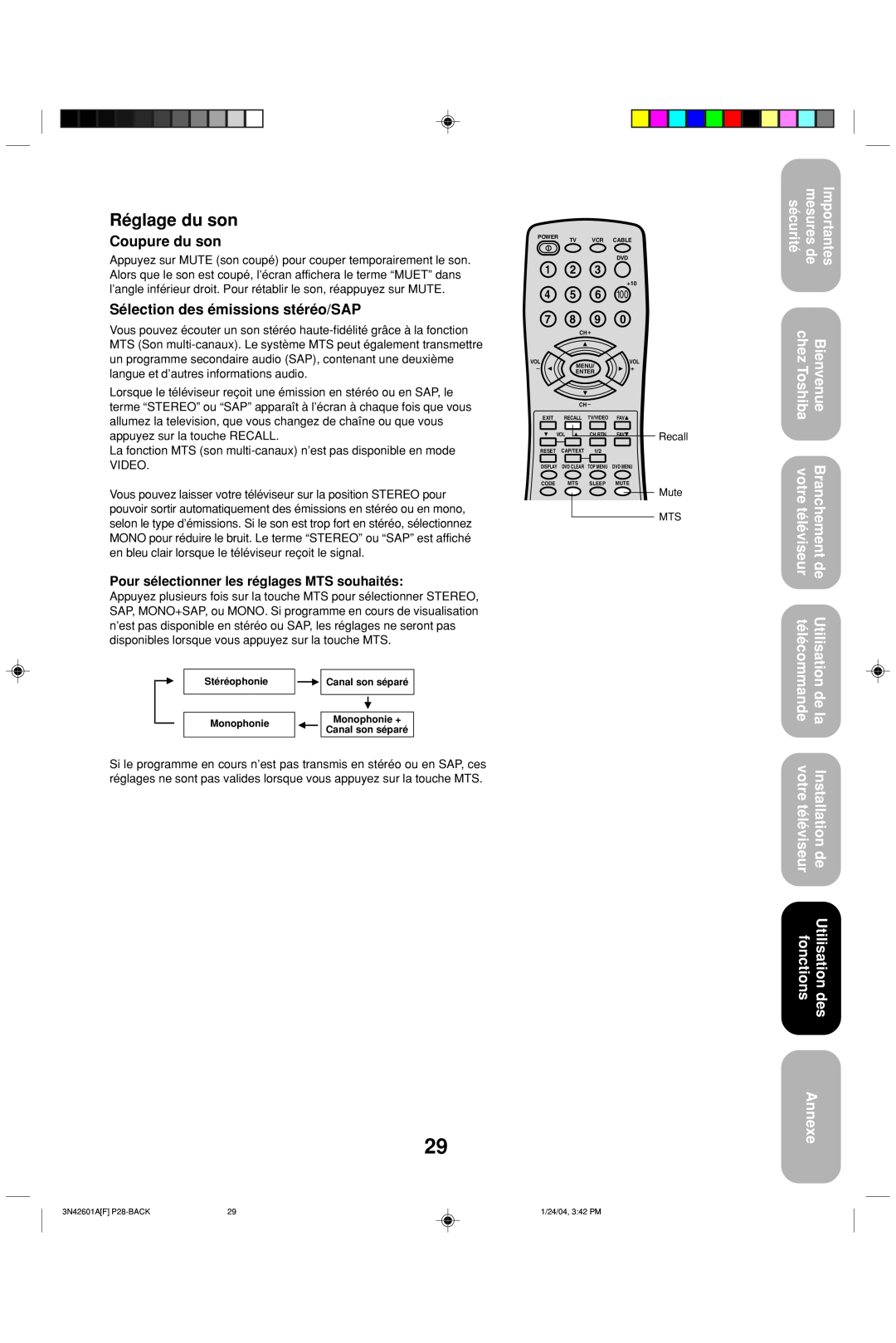 Toshiba 27A44 appendix Réglage du son, Coupure du son, Sélection des émissions stéréo/SAP, Annexe 
