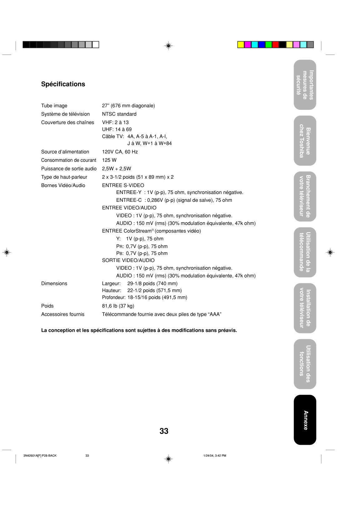 Toshiba 27A44 appendix Spécifications, Annexe 