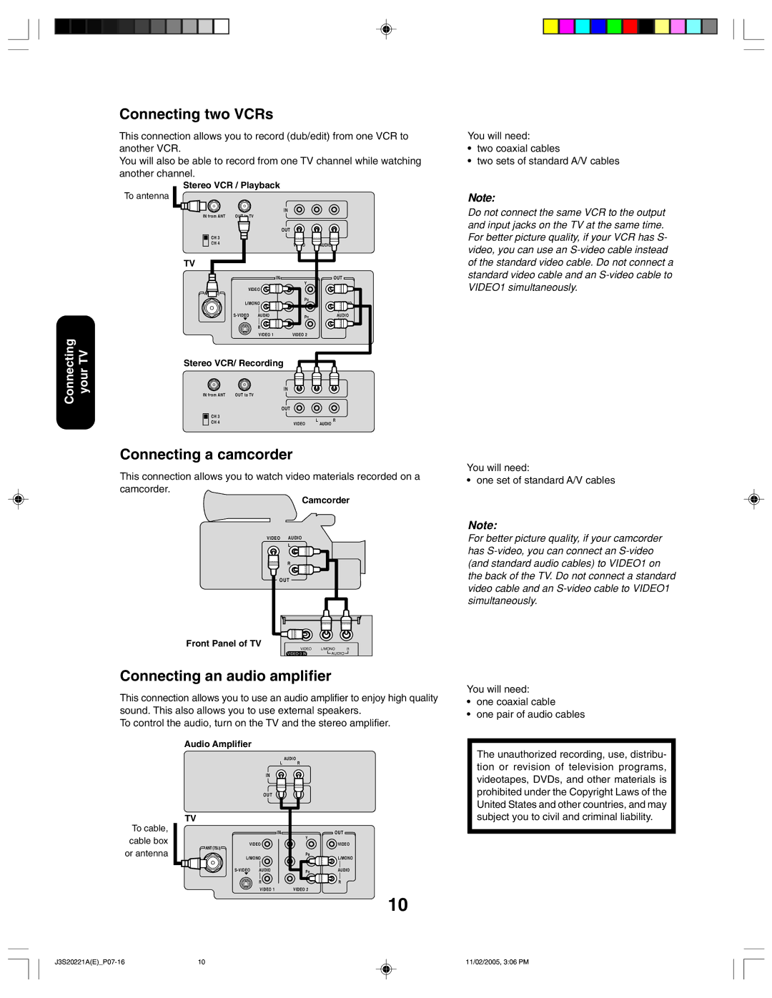 Toshiba 27A45 appendix Connecting two VCRs, Connecting a camcorder, Connecting an audio amplifier, One coaxial cable 