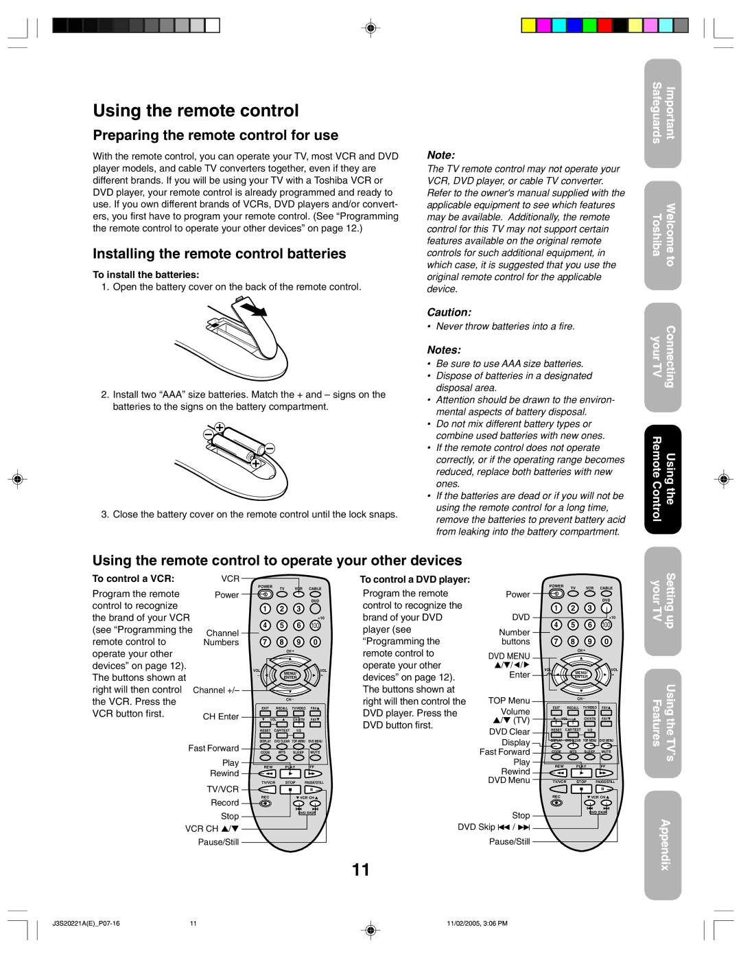 Toshiba 27A45 Using the remote control, Preparing the remote control for use, Installing the remote control batteries 