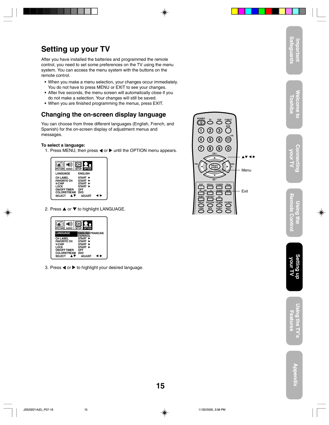 Toshiba 27A45 appendix Setting up your TV, Changing the on-screen display language, To select a language, Press 