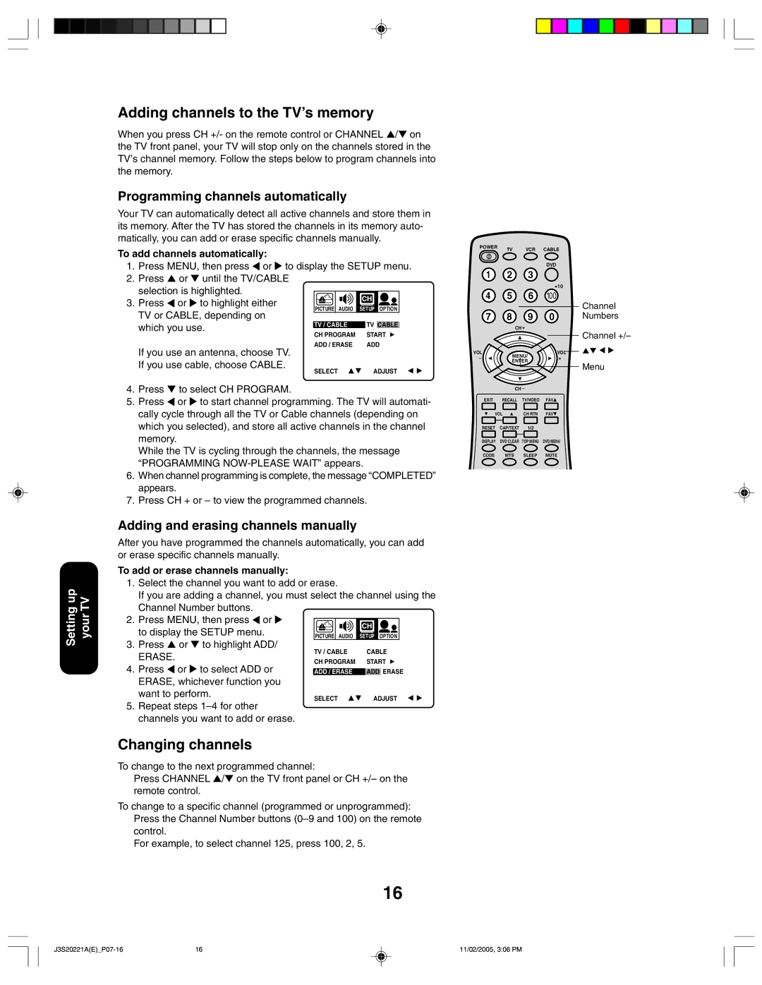 Toshiba 27A45 appendix Adding channels to the TV’s memory, Changing channels, Programming channels automatically 