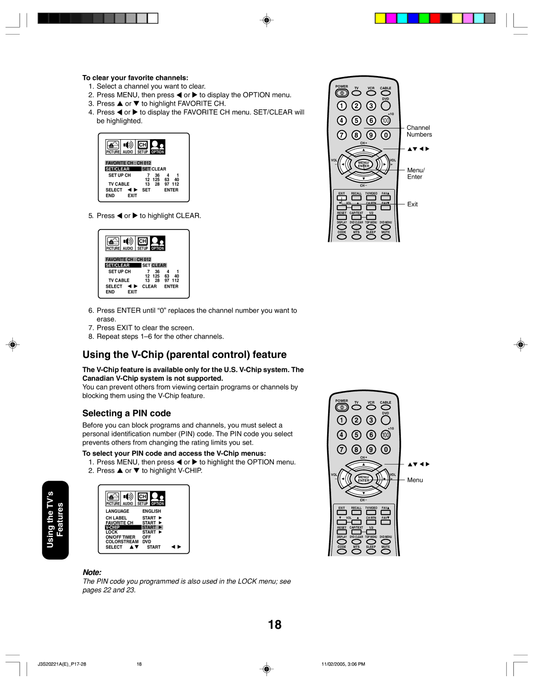 Toshiba 27A45 appendix Using the V-Chip parental control feature, Selecting a PIN code, To clear your favorite channels 