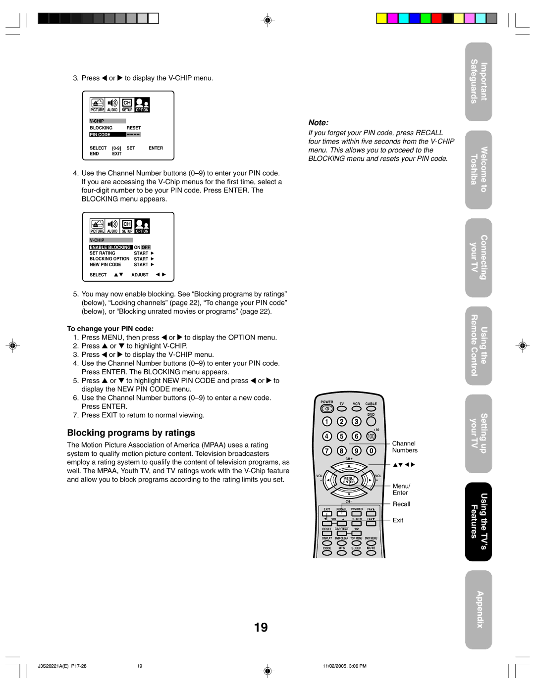 Toshiba 27A45 appendix Blocking programs by ratings, Press or to display the V-CHIP menu, To change your PIN code 