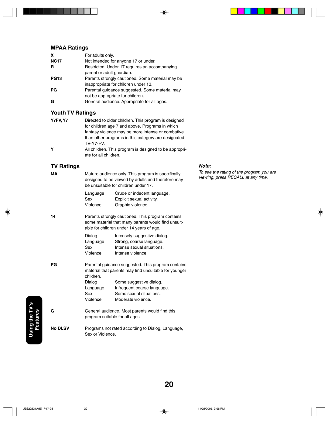 Toshiba 27A45 appendix Mpaa Ratings, Youth TV Ratings 