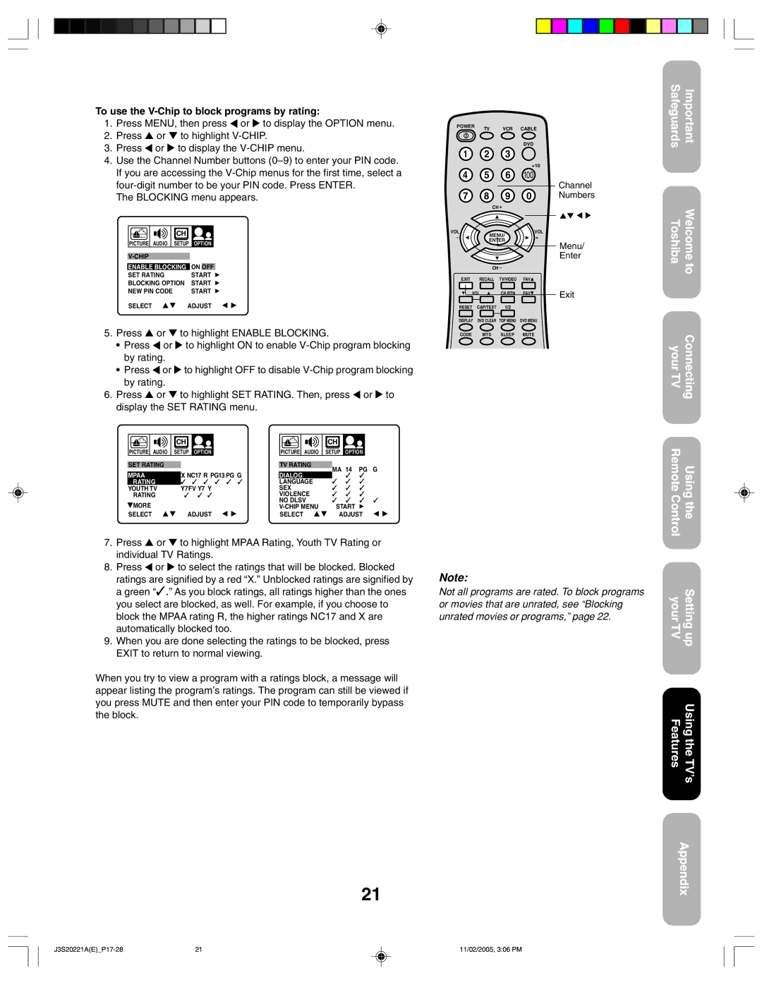 Toshiba 27A45 appendix Safeguards Toshiba Your TV Welcome to Connecting, To use the V-Chip to block programs by rating 