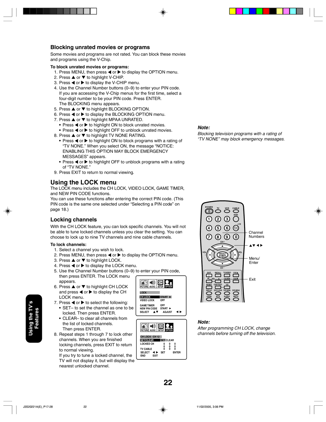 Toshiba 27A45 appendix Using the Lock menu, Blocking unrated movies or programs, Locking channels 