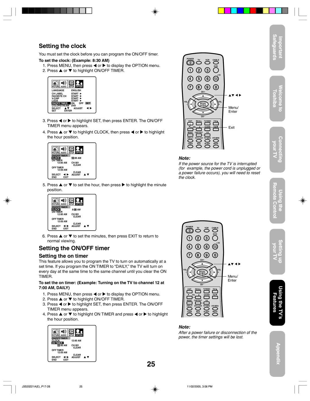 Toshiba 27A45 appendix Setting the clock, Setting the ON/OFF timer, Setting the on timer, To set the clock Example 830 AM 