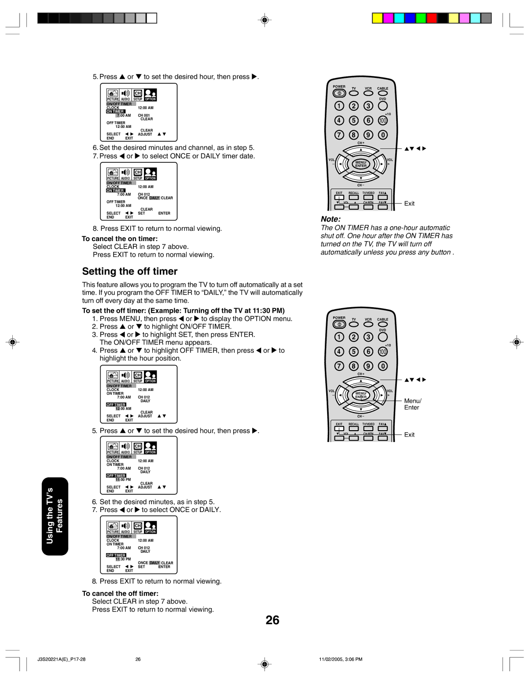 Toshiba 27A45 appendix Setting the off timer, Press or to set the desired hour, then press, To cancel the on timer 