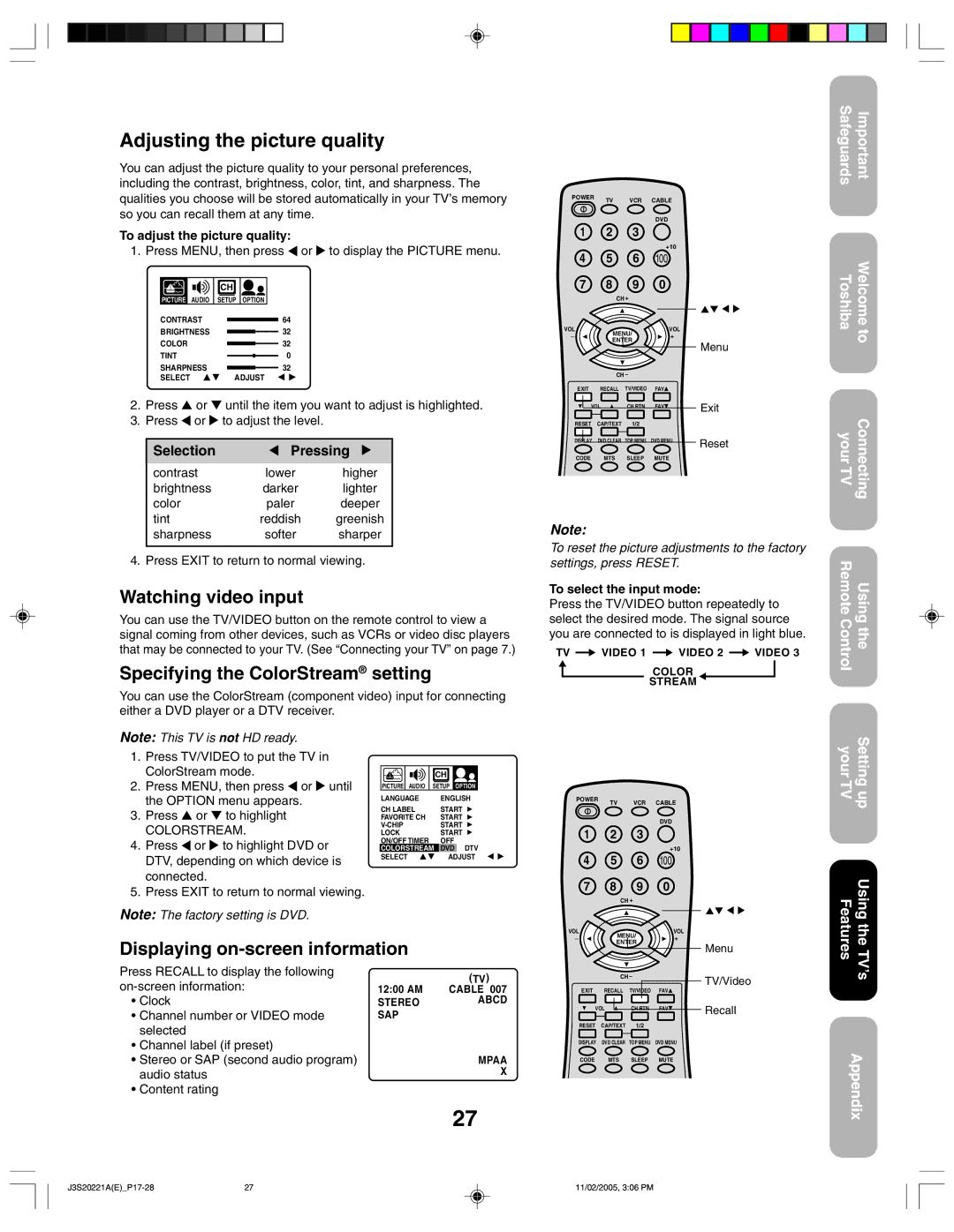 Toshiba 27A45 appendix Watching video input, Specifying the ColorStream setting, Displaying on-screen information 