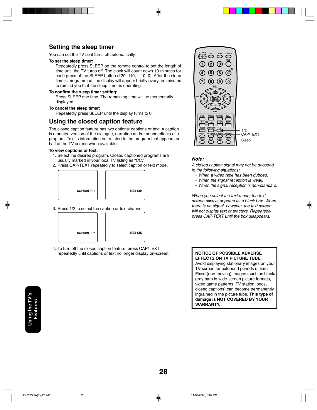 Toshiba 27A45 appendix Setting the sleep timer, Using the closed caption feature 