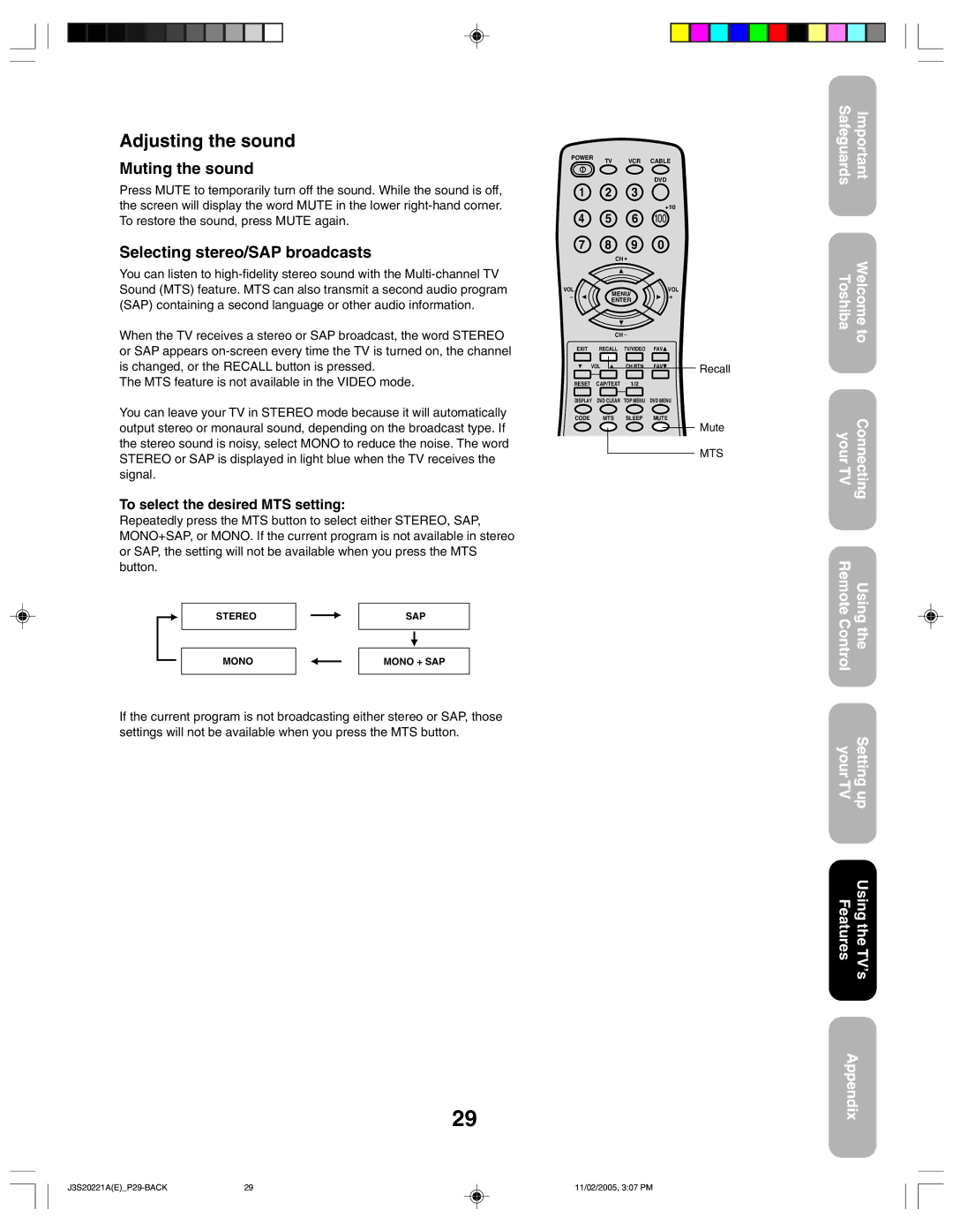 Toshiba 27A45 appendix Adjusting the sound, Muting the sound, Selecting stereo/SAP broadcasts 