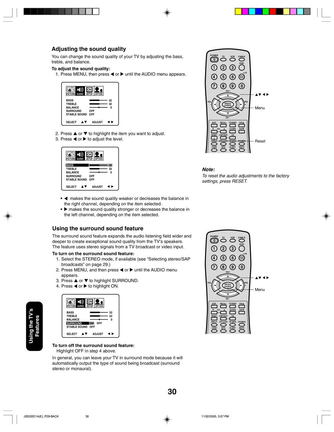 Toshiba 27A45 appendix Adjusting the sound quality, Using the surround sound feature, To adjust the sound quality 