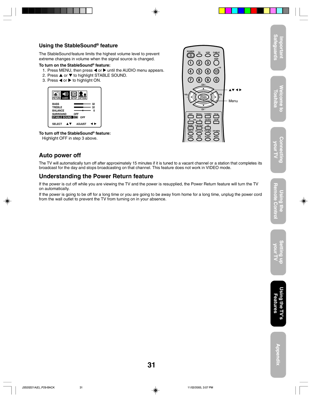 Toshiba 27A45 appendix Auto power off, Understanding the Power Return feature, Using the StableSound feature 