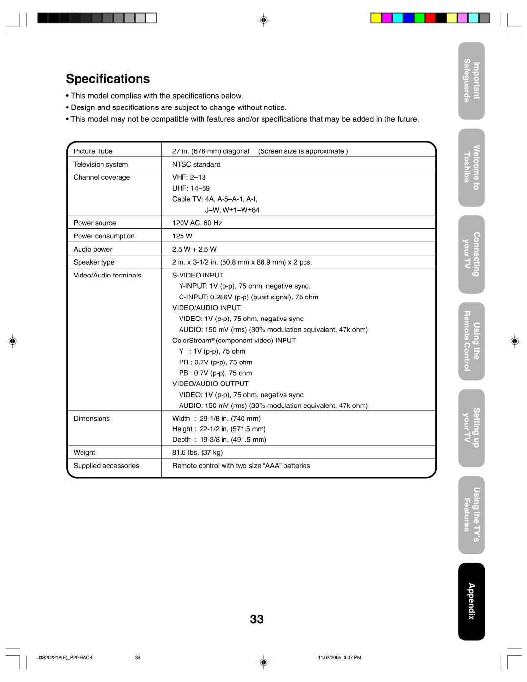 Toshiba 27A45 appendix Specifications 