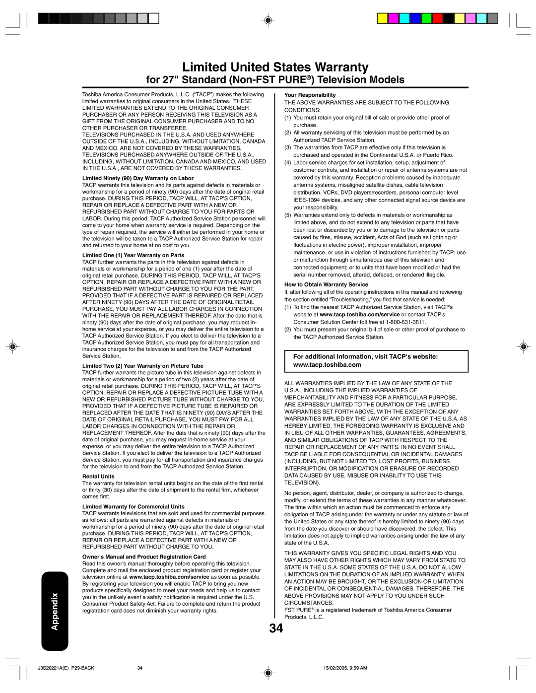 Toshiba 27A45 appendix Limited United States Warranty, For 27 Standard Non-FST Pure Television Models 