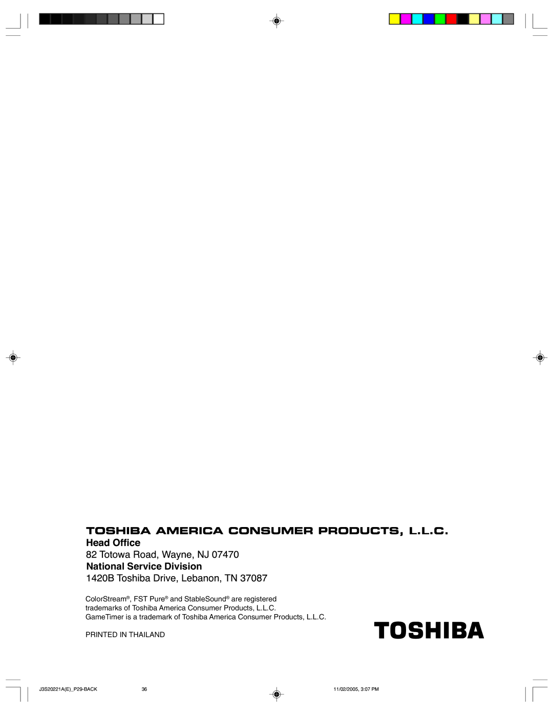 Toshiba 27A45 appendix National Service Division 