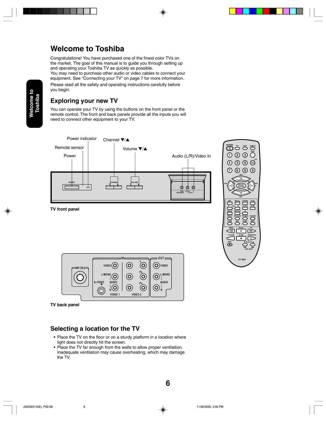 Toshiba 27A45 Welcome to Toshiba, Exploring your new TV, Selecting a location for the TV, TV front panel, TV back panel 