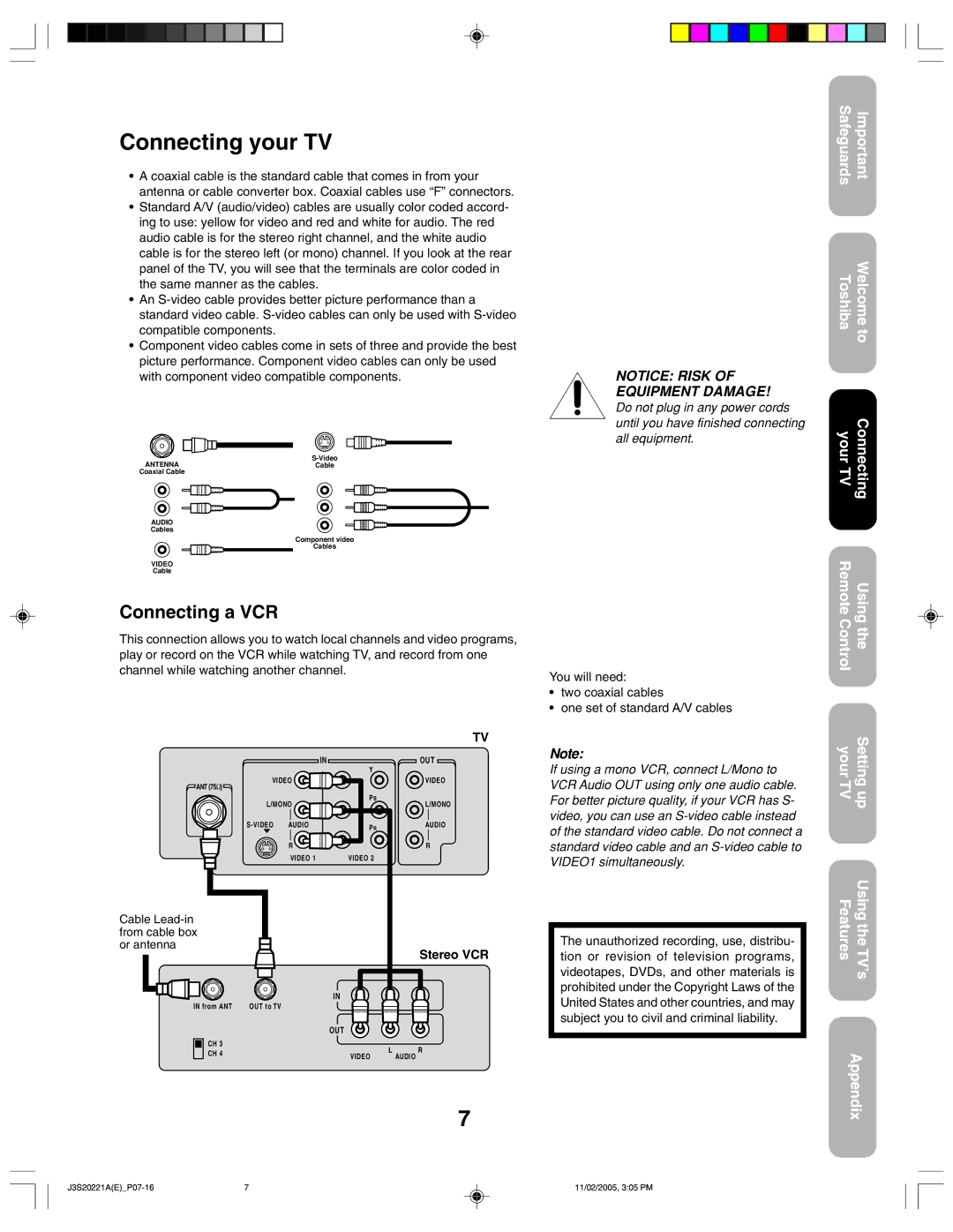 Toshiba 27A45 appendix Connecting your TV, Connecting a VCR, Stereo VCR 