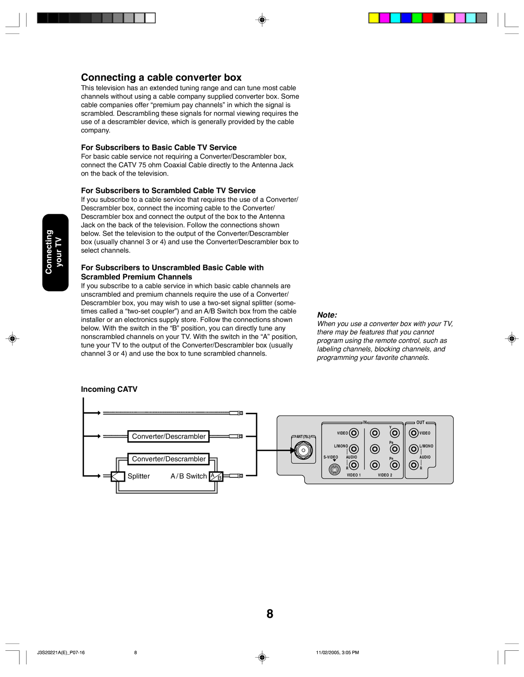 Toshiba 27A45 appendix Connecting a cable converter box, Converter/Descrambler Splitter Switch a B 