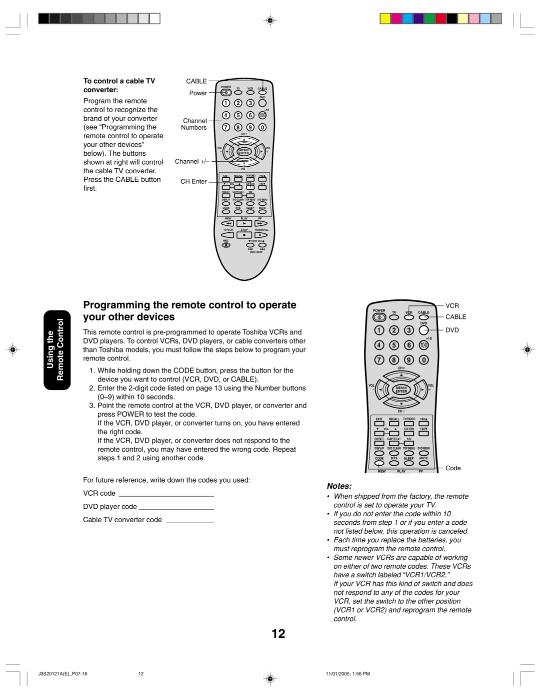 Toshiba 27A45C appendix Programming the remote control to operate your other devices, To control a cable TV converter 