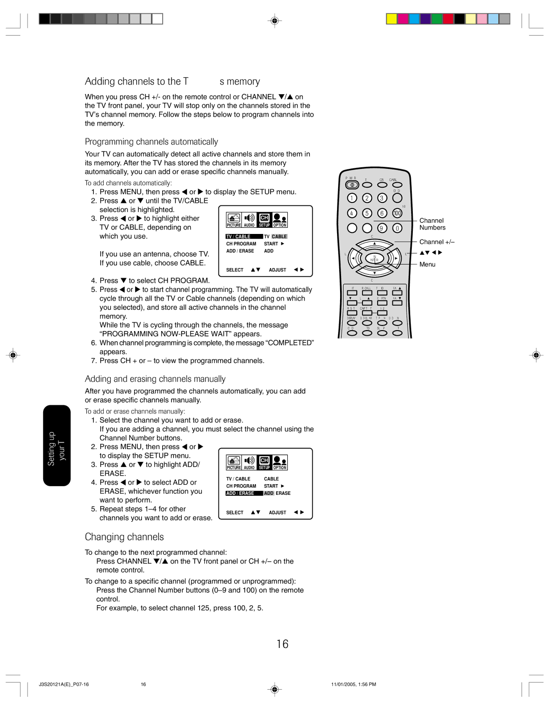 Toshiba 27A45C appendix Adding channels to the TV’s memory, Changing channels, Programming channels automatically 