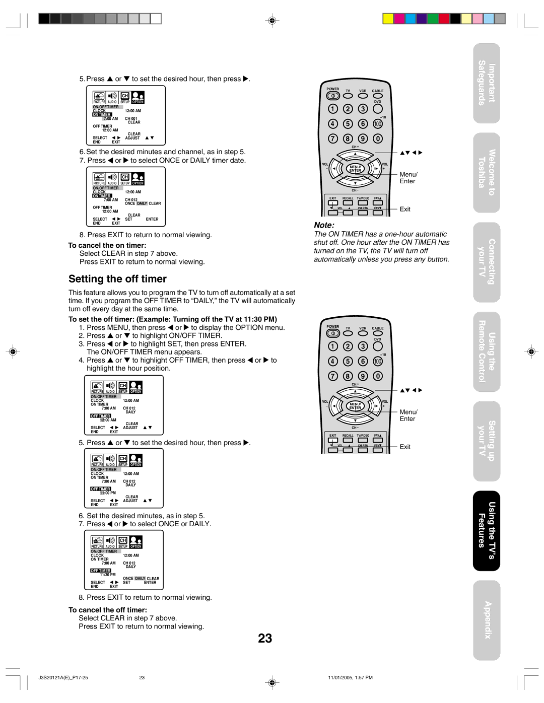 Toshiba 27A45C appendix Setting the off timer, Press or to set the desired hour, then press, To cancel the on timer 