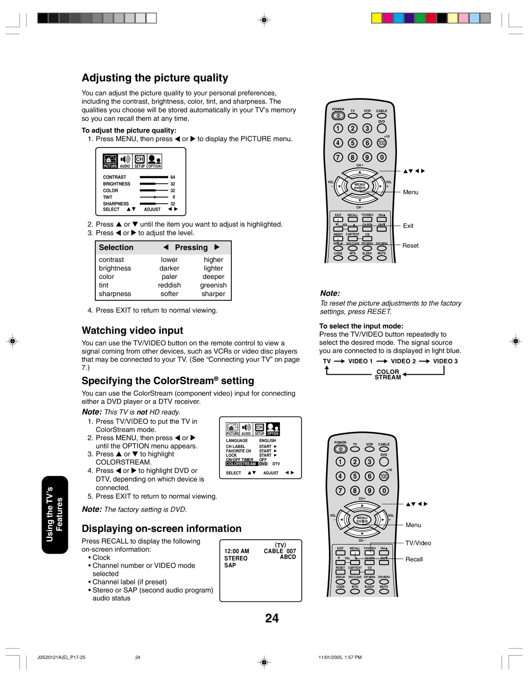 Toshiba 27A45C appendix Watching video input, Specifying the ColorStream setting, Displaying on-screen information 