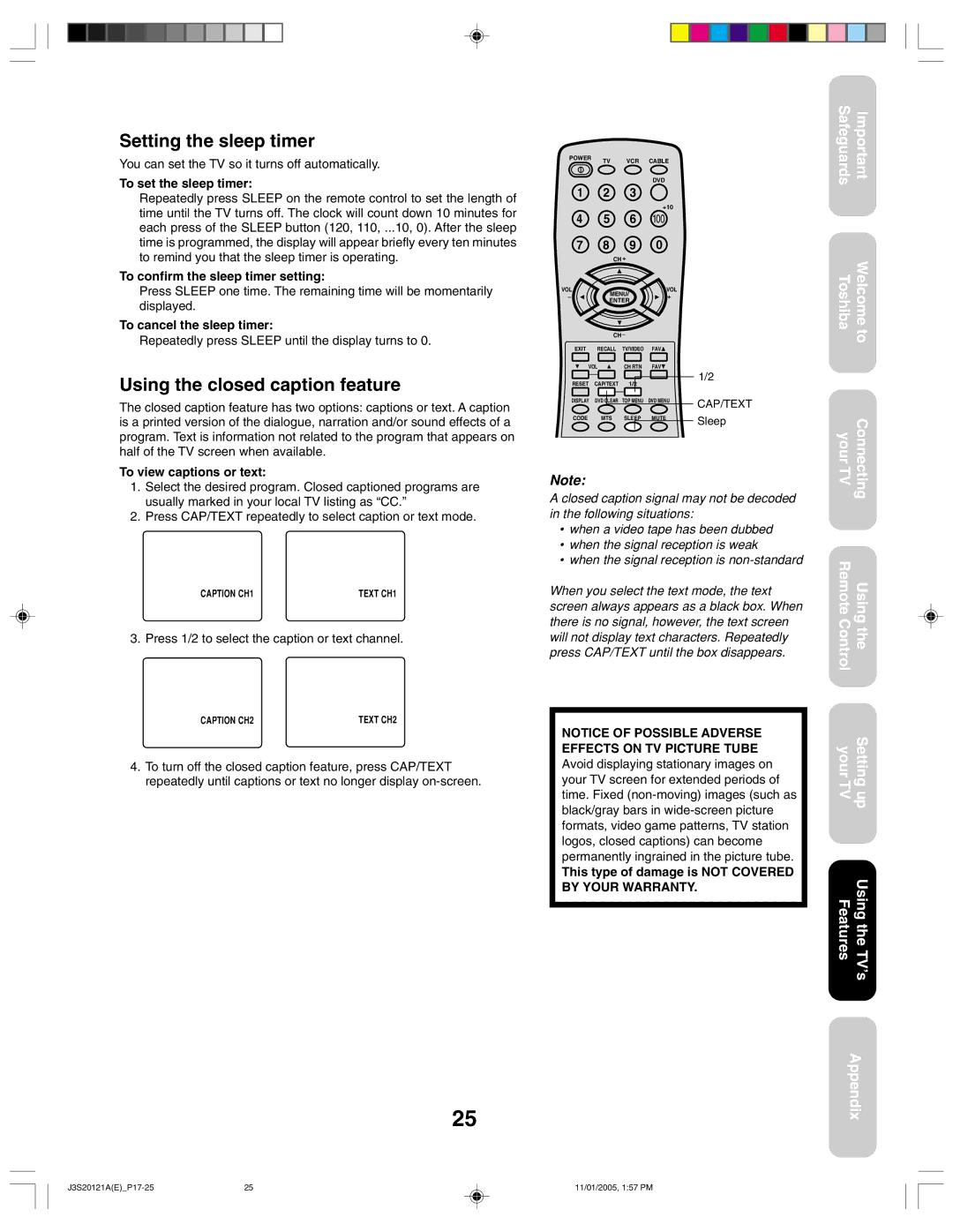 Toshiba 27A45C appendix Setting the sleep timer, Using the closed caption feature 