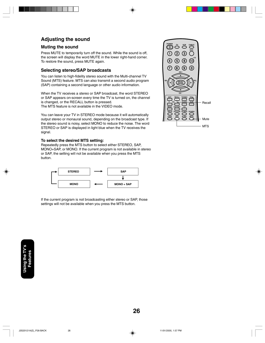 Toshiba 27A45C appendix Adjusting the sound, Muting the sound, Selecting stereo/SAP broadcasts 